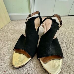 Black and Gold Wedge Sandals with Ankle Strap